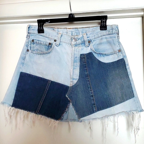 Levi 501 Button Up Patch Work Mini Skirt - Picture 1 of 6